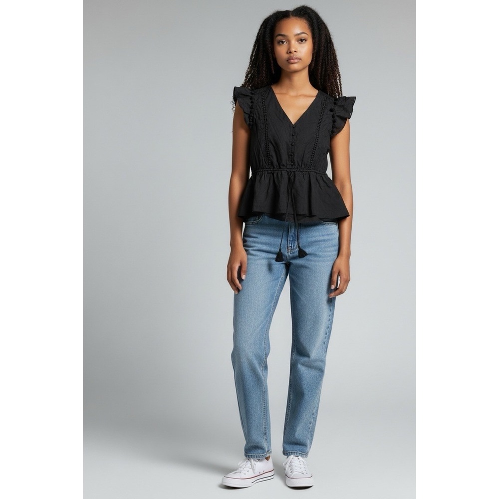 Point Sur Women's Small Black Cotton Ruffle Peplum Tassel Boho Top NWT